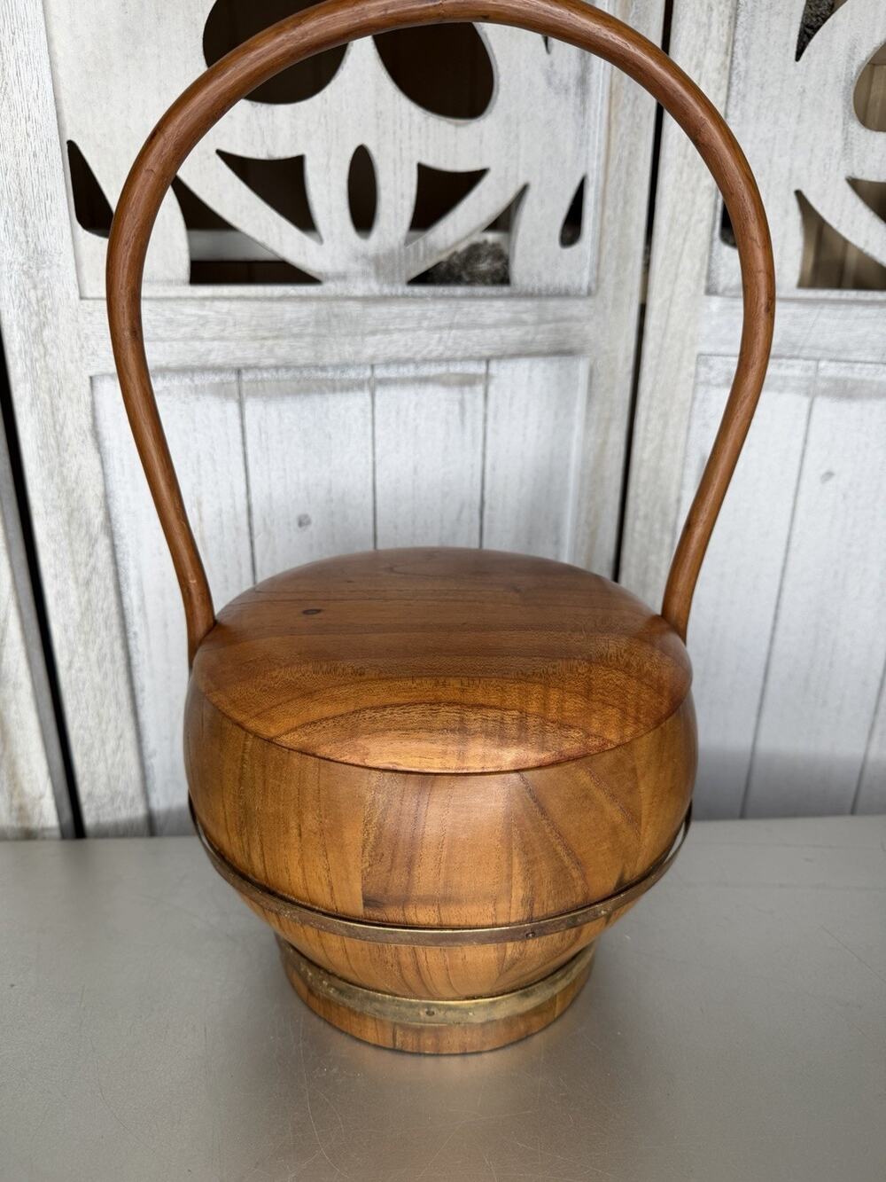 Antique Chinese Wooden Wedding Basket Handle And Lid Wood Asian Decor VTG